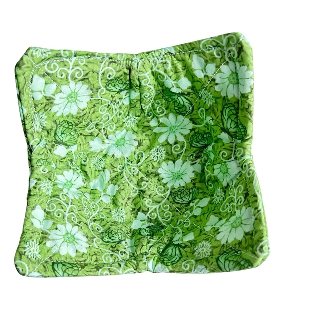 Hand Crafted Colorful Green Floral Butterfly Microwave Bowl Cozy 100% Cotton